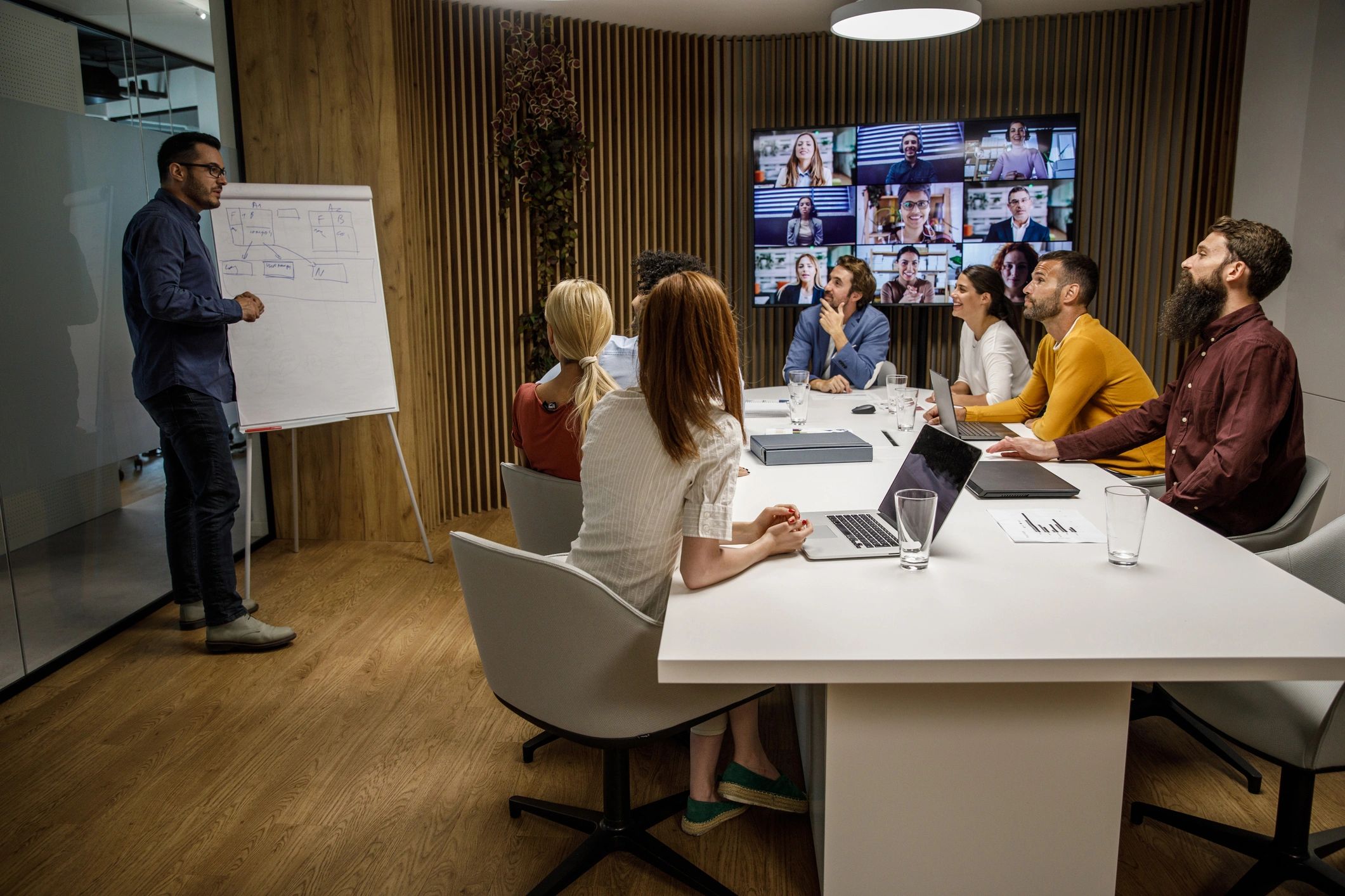 Team meeting with remote participants on a video call